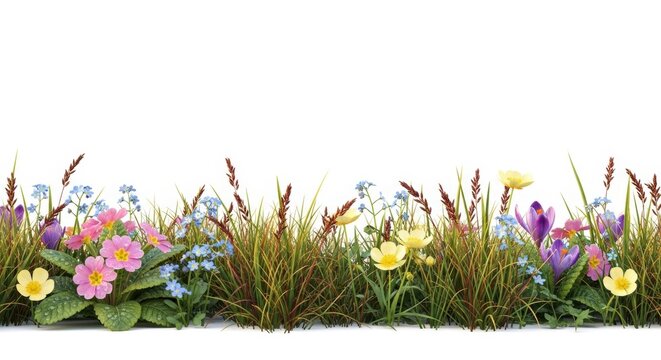 Spring wildflower border with colorful primrose and crocus, blooming garden flowers in green grass, floral meadow isolated on white background