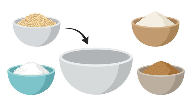 Various baking ingredients like oats, flour, coconut, and sugar are carefully measured in separate bowls, prepared for a cooking or baking recipe.