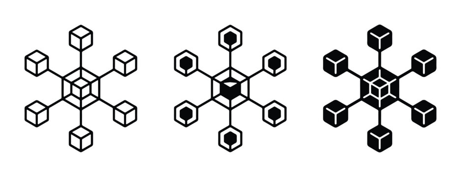 Blockchain technology icons set, decentralized network connection symbols, 3 isometric cube data structure vectors for fintech and crypto apps
