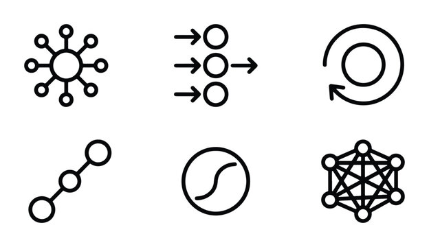 Neural network and data processing icons, set of 6 black line vector symbols for artificial intelligence, machine learning and deep learning concepts
