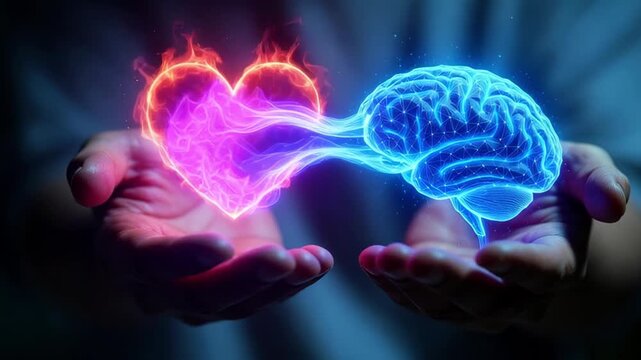 Tracking shot of glowing holographic brain and fiery heart converging and transferring energy above cupped hands in dark studio environment