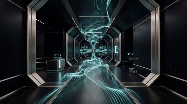 Futuristic laboratory corridor, neon blue lights, metallic walls, sci-fi interior, dark futuristic background