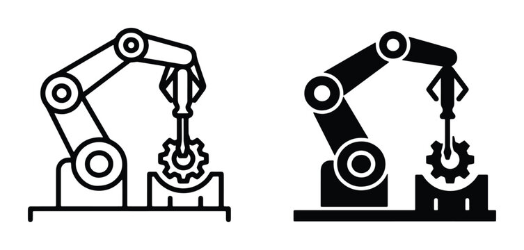 Industrial robotic arm icons, automated factory assembly line vector, mechanical manipulator with gear, black outline and solid silhouette symbols