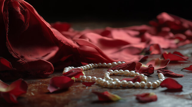 unawareness. A disheveled red silk sheet with scattered wilted rose petals and a broken pearl necklace. wellbeing guides, coaching materials, designed for coaching and self-improvement content.