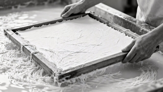 Crafting Paper: A skilled artisan meticulously lifts a frame holding the freshly formed paper from a vat, revealing the intricate texture of the creation process.