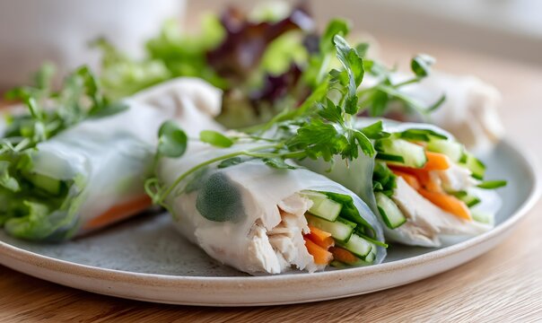 close-up of rice paper rolls filled with sliced chicken, cucumber, carrot and fresh greens, slightly translucent wrapper showing colorful filling, simple healthy lunch