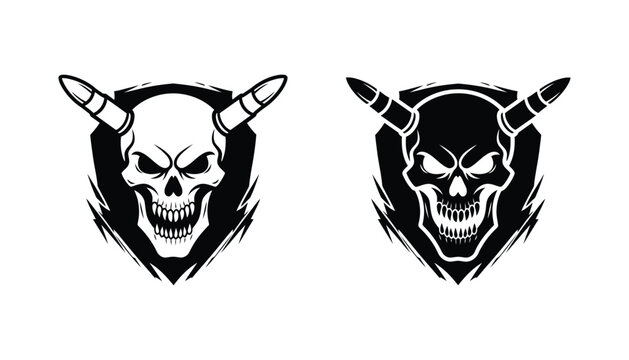 Vector emblem featuring a skull with horns and bullets in outline and solid black silhouette for edgy rebellious or biker themes