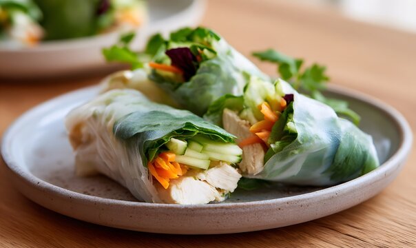 close-up of rice paper rolls filled with sliced chicken, cucumber, carrot and fresh greens, slightly translucent wrapper showing colorful filling, simple healthy lunch