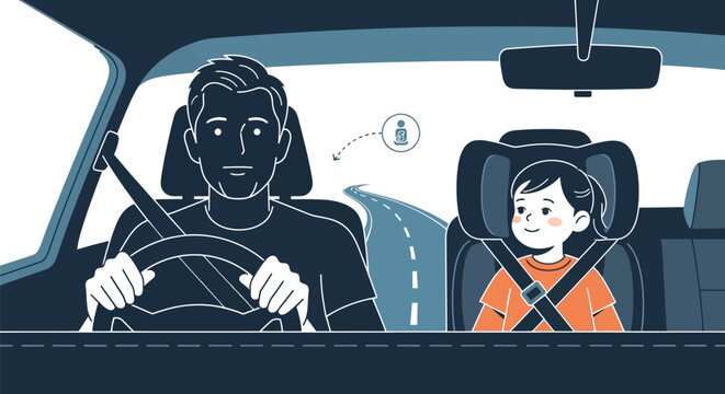 Father drives a car while his little daughter sits safely secured in a modern booster seat during their family road trip