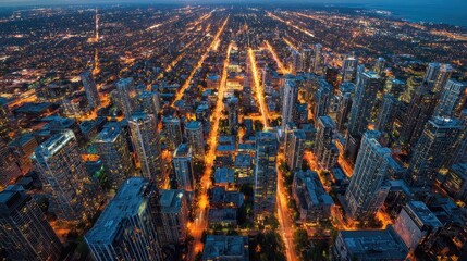 Fototapeta premium Aerial view of city skyline with glowing lights at dusk