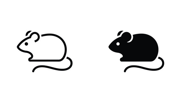 Minimalist mouse icon set featuring a side profile silhouette of a rodent in both clean line art and solid black vector styles for animal biology or nature educational design projects and prints