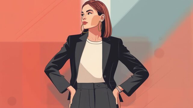 A stylish woman in a dark blazer stands confidently with her hands on her hips, showcasing professional corporate fashion and modern leadership style in this high quality vector illustration.