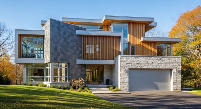 Architectural modern villa with stone and wood cladding textures featuring flat roof design and large glass windows surrounded by autumn trees and sunny lawn view.