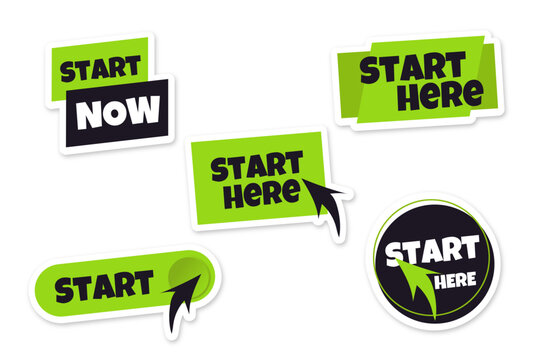 Green START button and sticker set in flat style, labels with text START Here and START Now, isolated vector elements for UI and marketing design