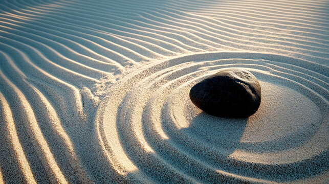 Minimalist Zen garden composition featuring a single black smooth stone placed on meticulously raked sand with circular patterns, symbolizing peace, balance, and meditation.
