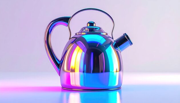 Iridescent Chrome Teapot Reflecting Vibrant Neon Lights.