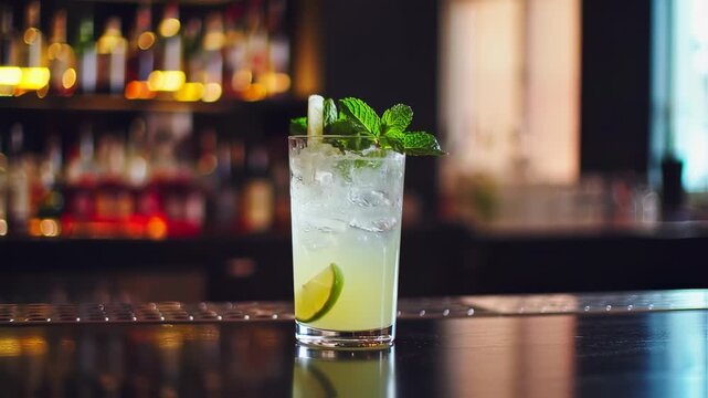 Refreshing cocktail garnished with mint and lime, served on a bar