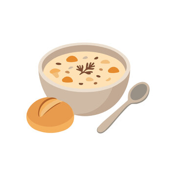 Bowl of creamy soup with bread.