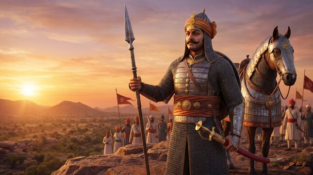 Majestic Portrait of Maharana Pratap, the Brave Rajput King, Standing with Spear and His Horse Chetak.