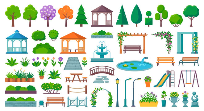 garden elements vector illustration with trees gazebos and park furniture