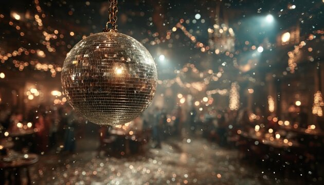 Shiny disco ball hanging from ceiling, reflecting party lights in dark room