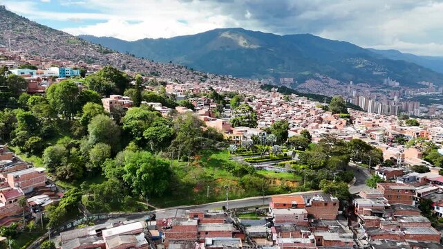 Aerial Drone Footage of Medell&iacute;n Cable Car System &ndash; Comuna 13 Urban Landscape and Mountain City