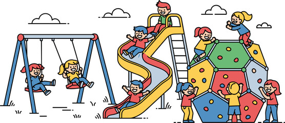 Happy Diverse Children Playing on Modern Outdoor Playground Equipment Featuring Curved Slide, Swing Set, and Geometric Climbing Dome for Kids Fitness, School Recreation, and Childhood Activity Designs © MstJuli
