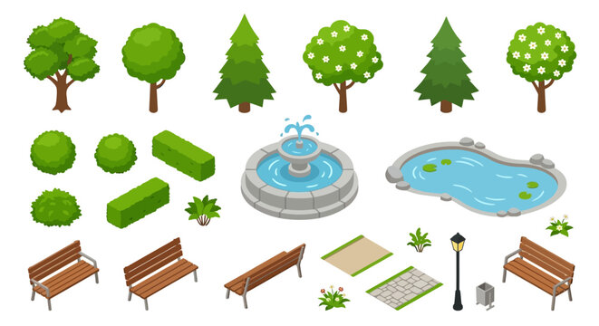 isometric park elements set on white background