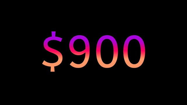 Modern Neon Price Tag $900 Animation Glowing Gradient Currency Text Motion Graphics on Black Background, Loop able business concept