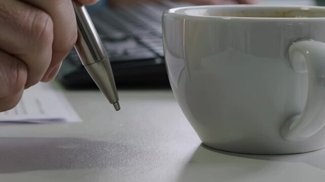 A hand meticulously taps a polished silver pen against a clean sheet of paper