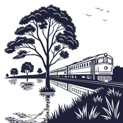 Obraz premium Train beside lake shore with trees black and white silhouette illustration