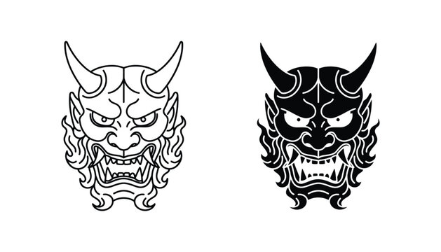Traditional Japanese Hannya demon mask with horns and sharp teeth in detailed black and white vector line art style