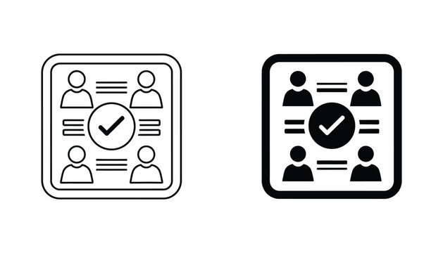 Team members list with checkmark symbol for task completion and management in flat vector style