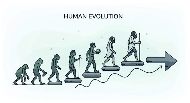 Illustration depicting human evolution stages, from ape to man, showing progress concept and development with a forward arrow.