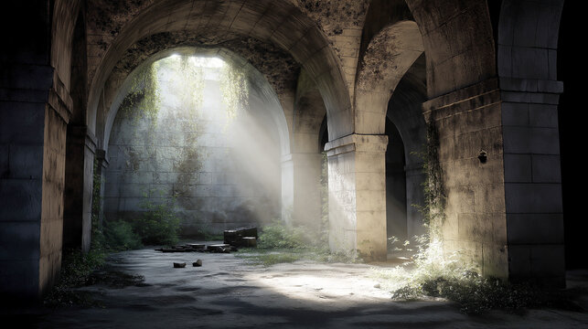 Dramatic view of ancient underground stone vaults with sunlight streaming through a ceiling opening, illuminating overgrown vines and moss on weathered pillars in a serene atmosphere.