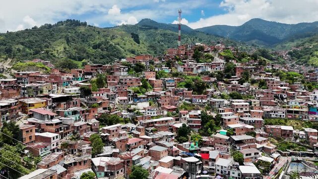 Aerial Drone Footage of Medell&iacute;n Cable Car System &ndash; Comuna 13 Urban Landscape and Mountain City