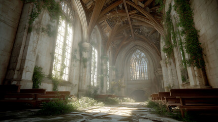 Fototapeta premium Abandoned Gothic Cathedral Interior Overgrown with Green Vines and Plants - Beautifully decaying church interior where nature reclaims architecture, featuring sunlight streaming through tall windows.