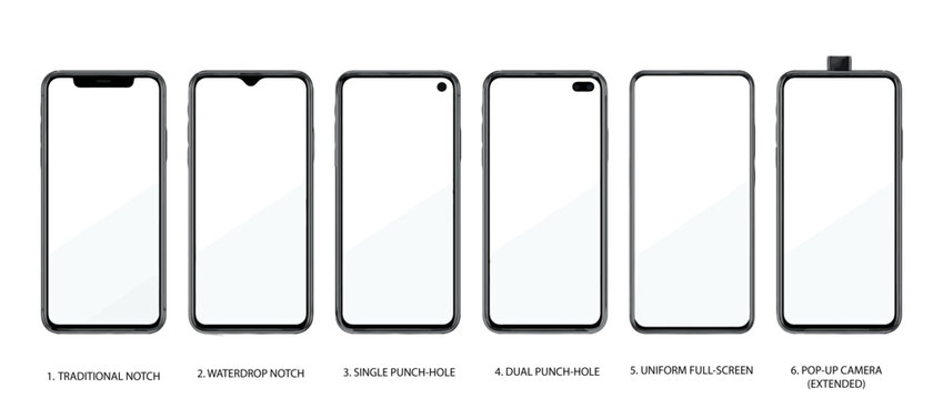 Realistic models smartphone with blank screens. Smartphone mockup collection. Device front view. 3D mobile phone camera evolution on transparent background - stock vector.