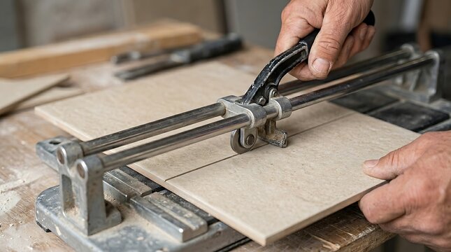 Man hands cutting beige ceramic tiles with a manual tile cutter machine