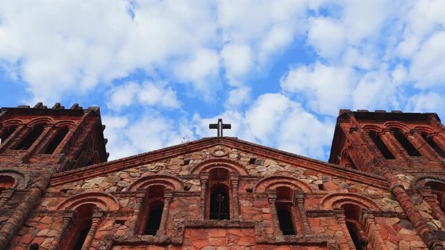 Iglesia Nuestra Se&ntilde;ora de la Asunci&oacute;n, Villarrica, Paraguay, historic architecture in drone view skywards
