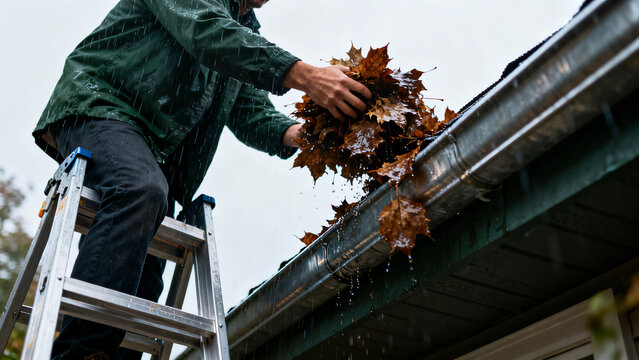 Autumn's Cleanse: Person clears fallen leaves from a residential gutter, ensuring proper drainage.