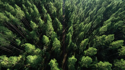 Fototapeta premium Aerial view of dense green forest canopy with sunlit trees