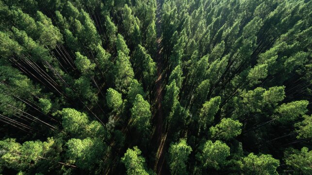 Aerial view of dense green forest canopy with sunlit trees