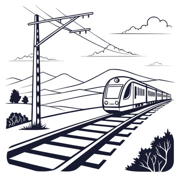 Railway track with modern high speed train and distant hills vector illustration