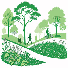 Obraz premium Green park scene with trees walking paths and people on a white background