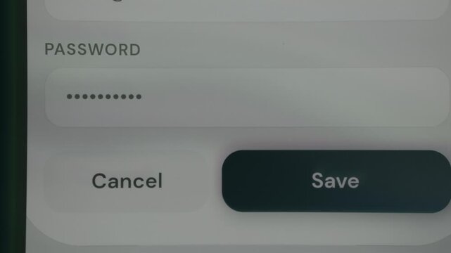 Password creation screen with characters hidden with asterisks, Save button selected