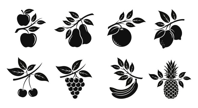 Black and white fruit icons with leaves.