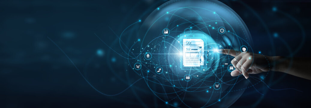 Finance specialist Touching tax documents. Tax management ensures compliance, accurate reporting, and efficient handling of financial obligations.