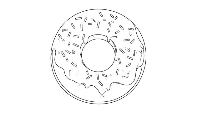 A simple line drawing of a glazed donut with sprinkles