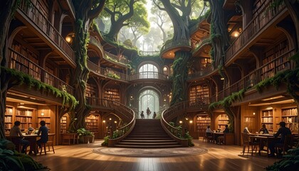 Fototapeta premium Sunlit Tree Library Interior with Central Staircase — Enchanted Study